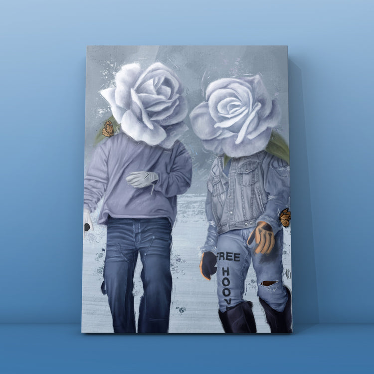 Drake, Kanye west, canvas print, canvas, art, black art, blue, grey, light blue, jeans, denim, gloves, flowers